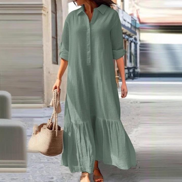 New Cotton and Linen Long Irregular Dress Shirt Collar Button Casual Dress