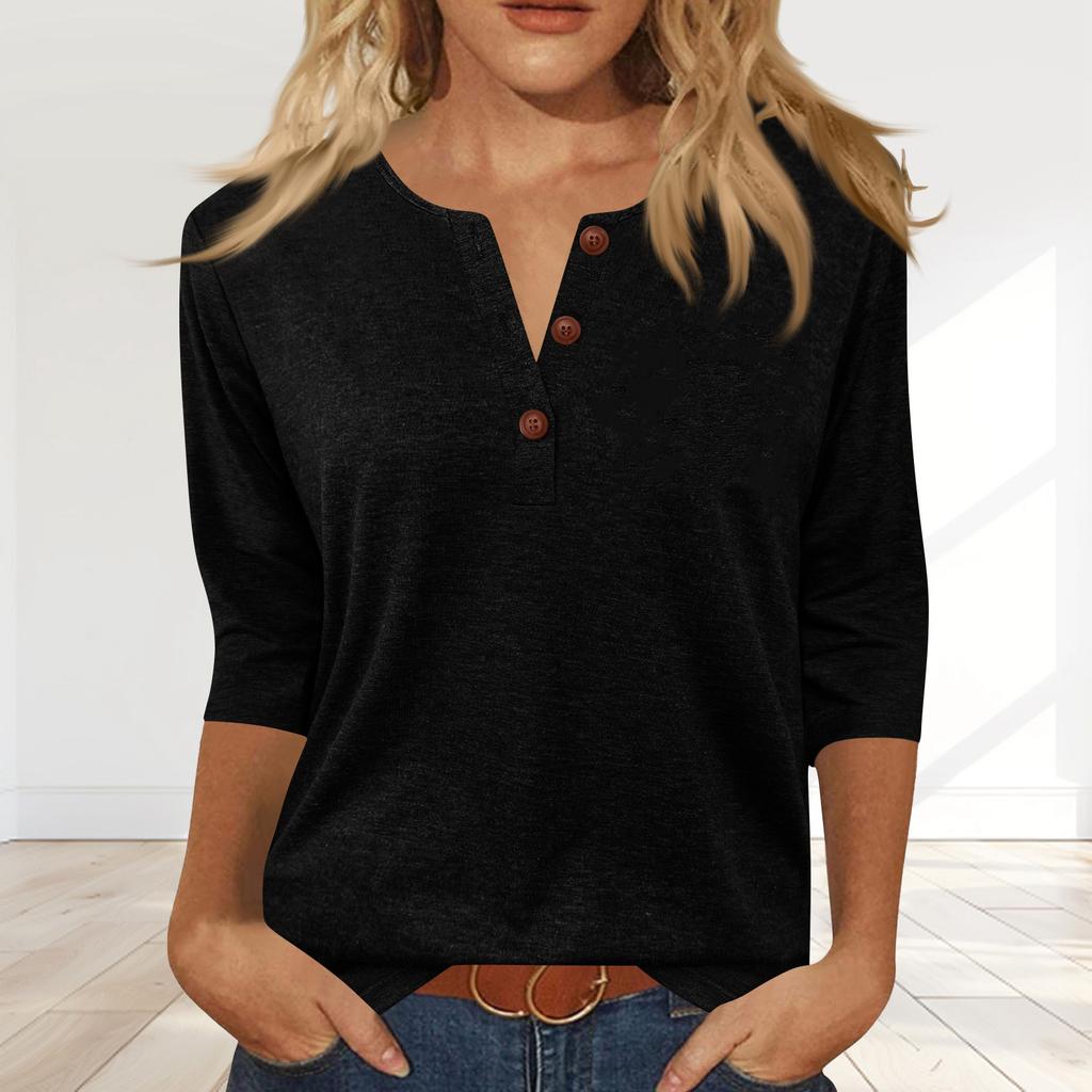 Women's Fashionable Casual Button-down Collar Three-quarter Sleeve T-shirt Top