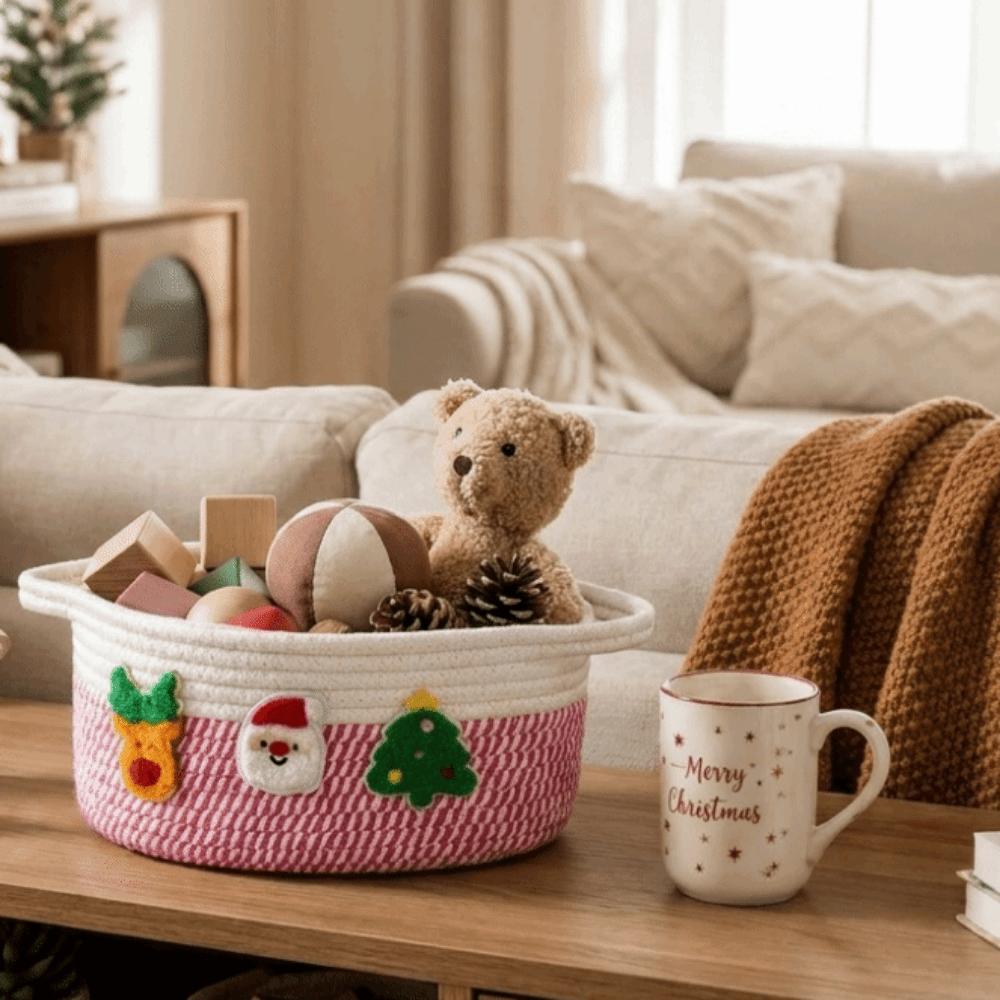 Xmas Theme Hand Woven Storage Basket Cotton Rope Small Item Storage Bin Entryway