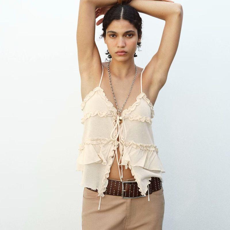 Zbzr Spring New Women clothes Western Style Sleeveless Slim fit Frill V-neck Fine Sling Top 4192047