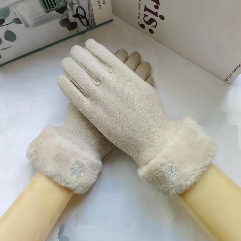 כפפות זמש חמות לסתיו-חורף עם בטנת קטיפה עבה ועיטור פרווה ביד. כפפות לשימוש חיצוני, עמידות לקור, עם מסך מגע, לכפפות רכיבה וסקי.