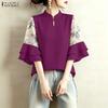 Women Casual Stand Collar Loose Splice 3/4 Sleeve Blouse