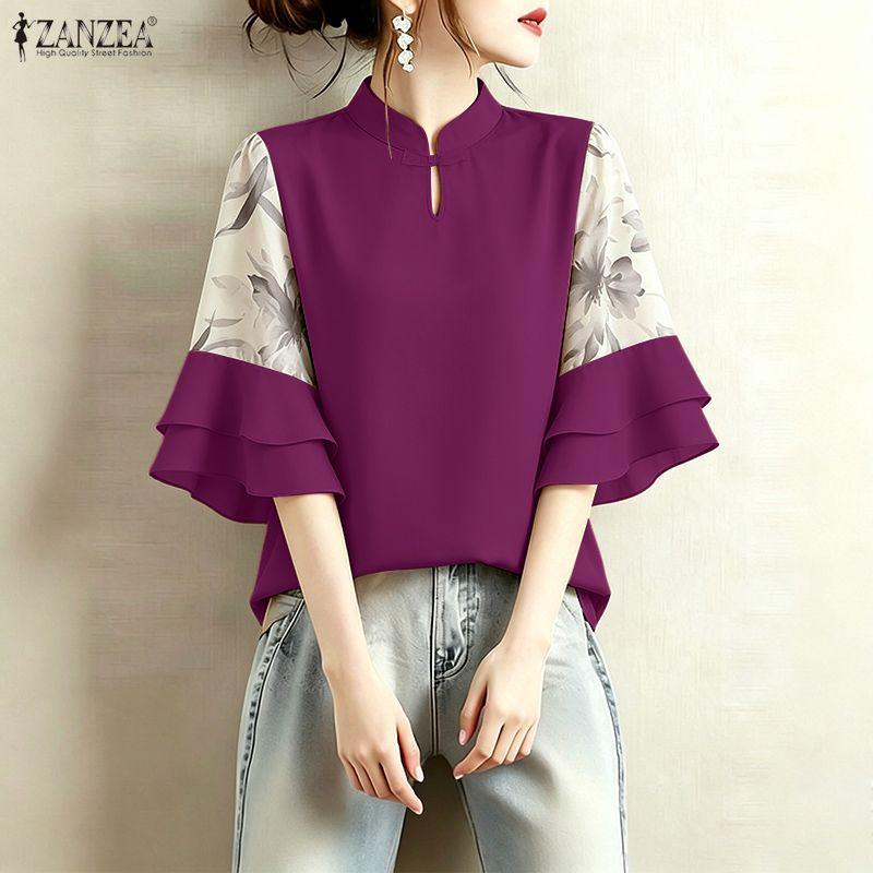 ZANZEA Women Casual Stand Collar Loose Splice 3/4 Sleeve Blouse