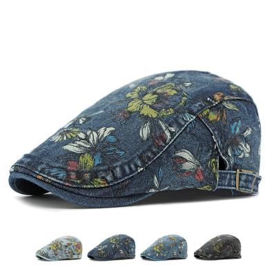 Womeb Cap Denim Beret Flower Print Cap Forward Cap Newsboy Caps for Men Peaked Cap