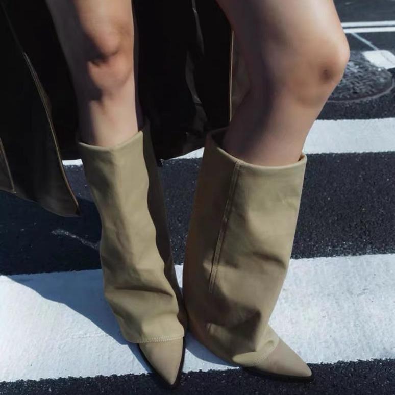 Leather Niche Pointed Heel Thick Heel But Knee Pant Pants Boots Women's Autumn and Winter Long Boots Straight Knight Boots Western Cowboy Boots