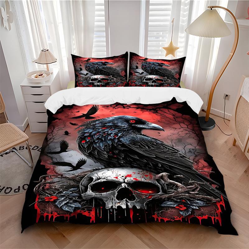 3pcs Crow and Skull Printed Duvet Cover Set (1 * Cover+2 * Pillowcase, Without Core), Suitable for Home Bedroom, Guest Room, Dormitory Decoration