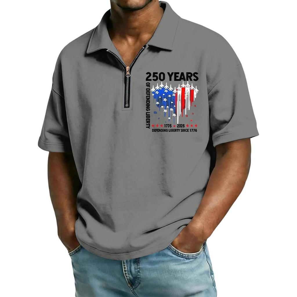 Men’s Short Sleeve Zipper Polo Shirt 250 Years Printed Lapel Collar Top Casual Lightweight Comfortable Fit Tee