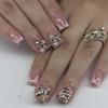 Short Square French Pink False Nails with 3D Metal Bow and Glitter Sparkle Nail Art.