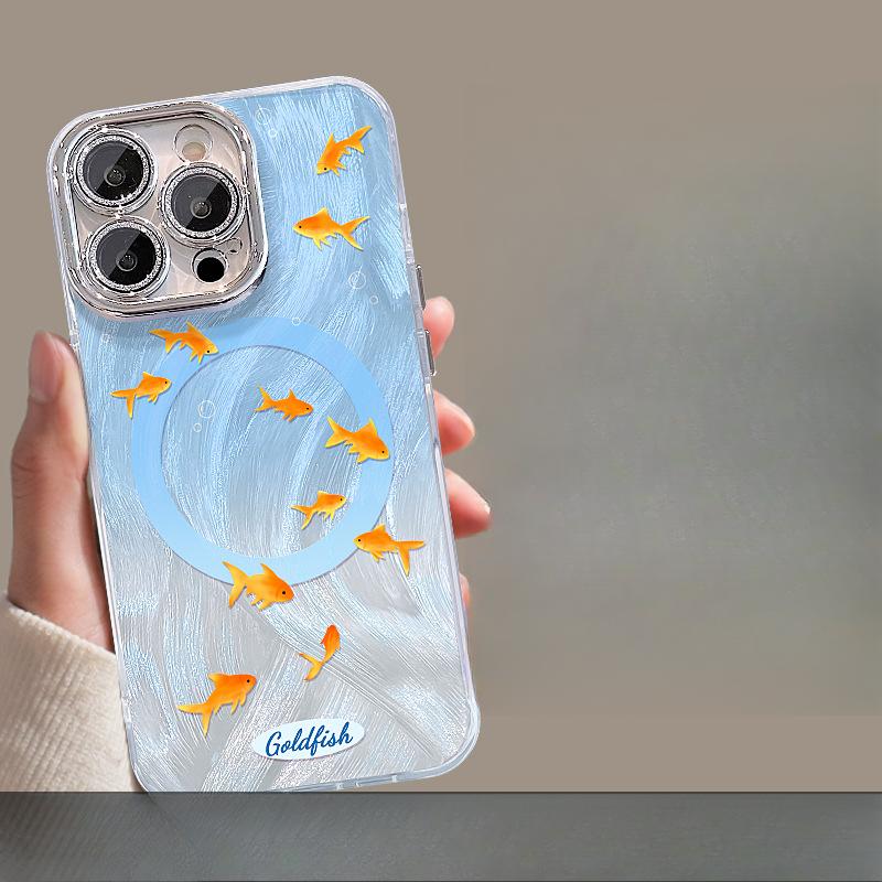 Zlatá rybka Třesoucí se magnetický zacvakávací držák Použitelný pro Apple 16promax Mobilní pouzdro 15 s fólií na objektiv 13 Peříčková příze 14