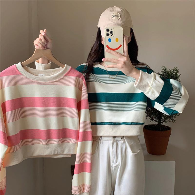 Stripes Clashing Color Loose Long-sleeved T-shirt Women Autumn Winter Thin Section Round Neck Sweater Female Student Tops Retro Versatile Sweatshirt
