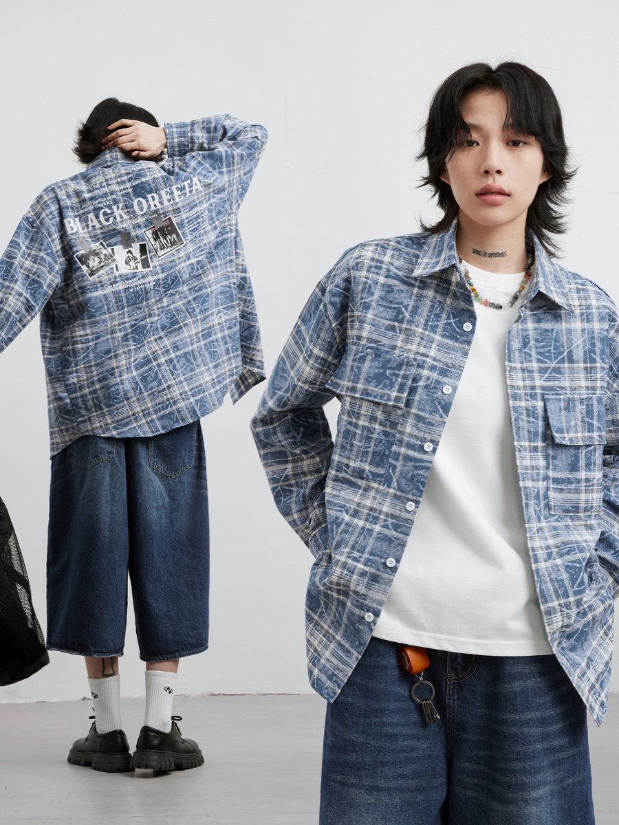 

Унисекс Американская Ретро Синяя Клетчатая Рубашка Оверсайз с Длинным Рукавом Extra Large