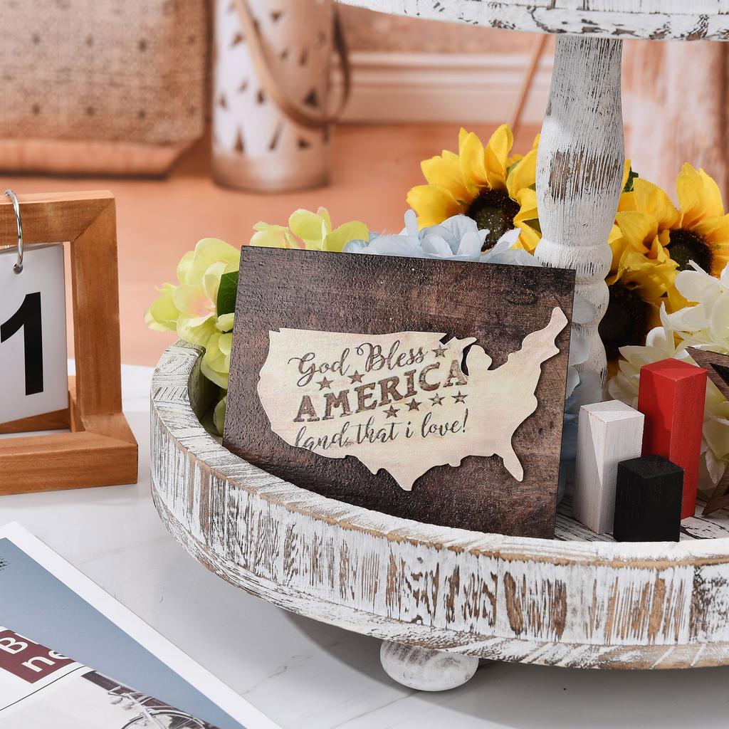 Patriotic Tiered Tray Decor Delicate Engraving Craft Solid Wood Farmhouse Patriotic Tray Decor for Home Table