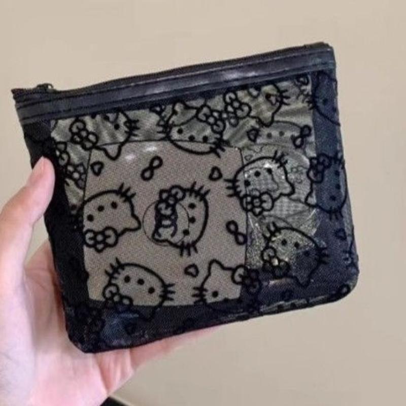 Sanrio Hello Kitty Mesh Material Storage Bag Portable Zipper Coin Purse Creative Earphone Bag Cute Girls Makeup Bag