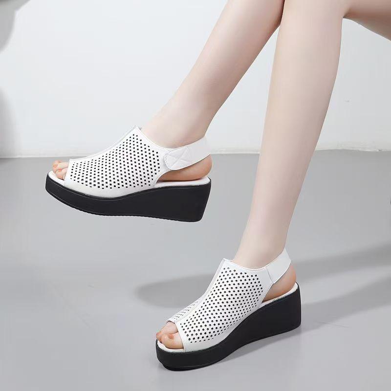Women's Summer Leather Big Size Peep Toe Sandals Thick Sole Non Slip Hollow Out Velcro High Heel Sandals Light Wedges Sandals
