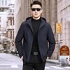 Men's Hooded Winter Jacket with Detachable Liner – 90% Goose Down, Warm Mid-Length.