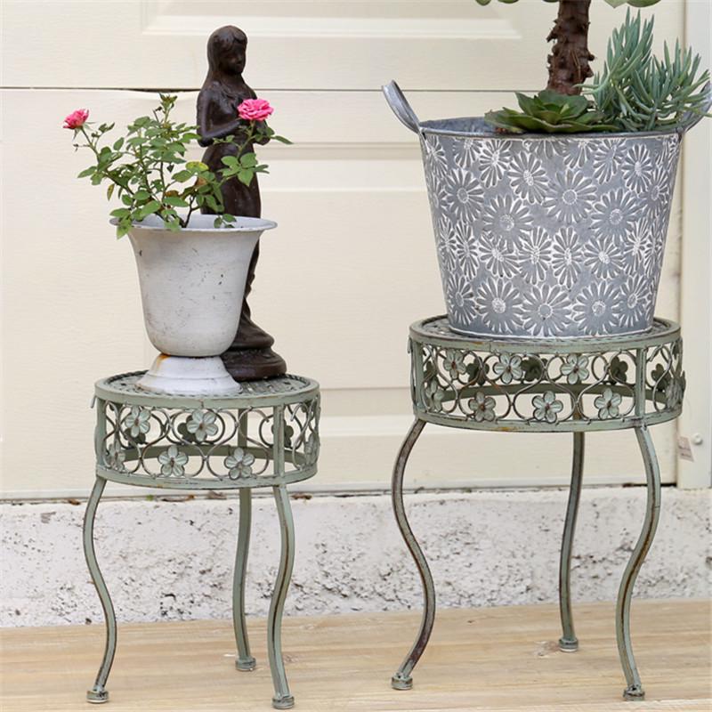 European Retro Iron Art Two-Piece Flower Stand & Pot Rack Set - Green, Distressed Finish, Ladder Design
