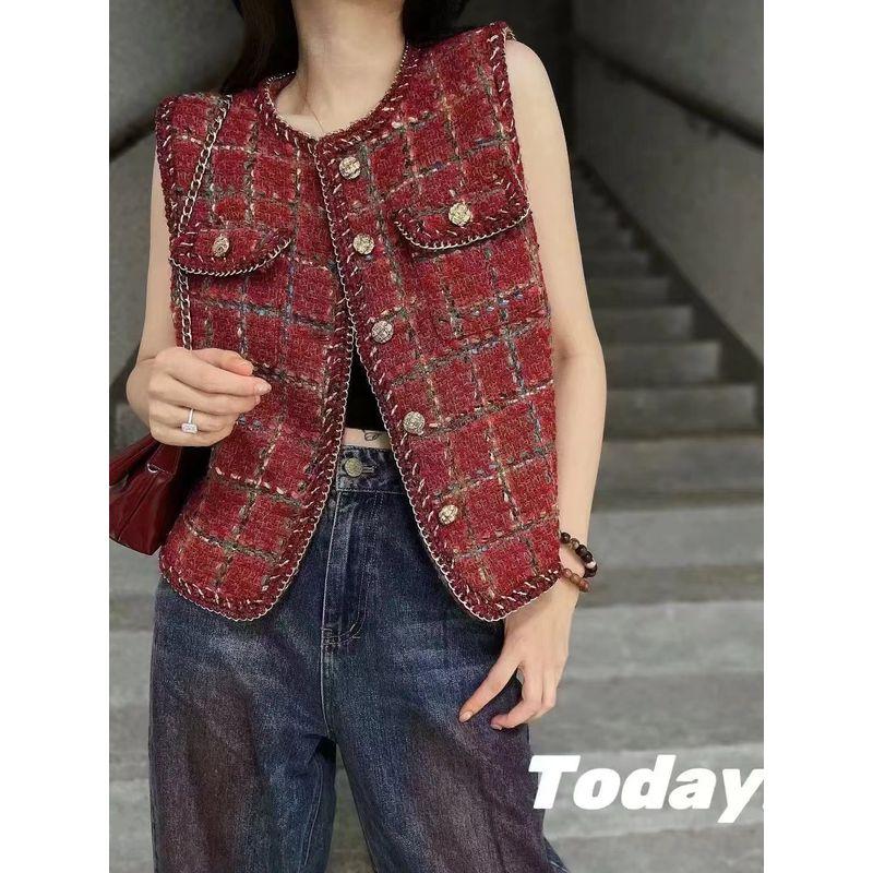 Classic Style Classic Series Tops! Women's Gold Chain Side Single-Breasted I-Shaped Vest Fall and Winter Wear Woolen Outwear