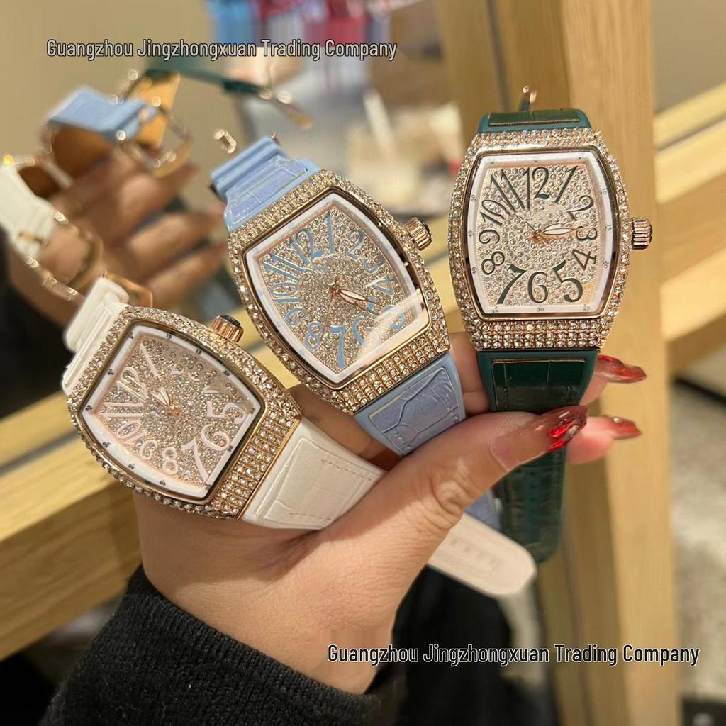 Richard Home Women's Barrel-Shaped Quartz Watch with Leather Strap and Diamond Face.