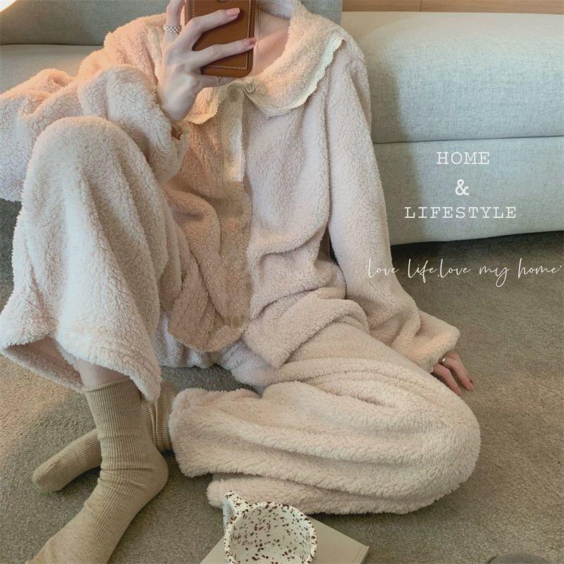 Sweet Doll Collar Coral Fleece Pajamas Women Plus Velvet Thick Winter Thick Plush Home Service Suit