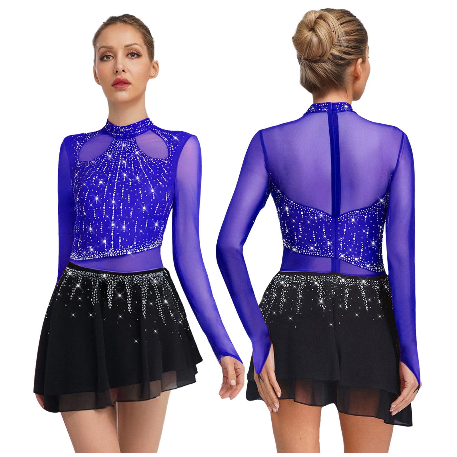 

Women‘s Figure Skating Dress Modern Dance Costume Rhinestone Bodysuit with Chiffon Skirt L королівський синій колір