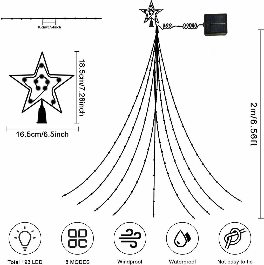 1PC 2m Warm/colorful Solar Powered Christmas Tree Fairy Lights Top with A Star for Christmas Tree Night Party Atmosphere Decor