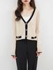 2024 Spring/Autumn Women's V-Neck Wool Cardigan - Color Block & Patchwork Design, Elegant & Versatile Knit Jacket