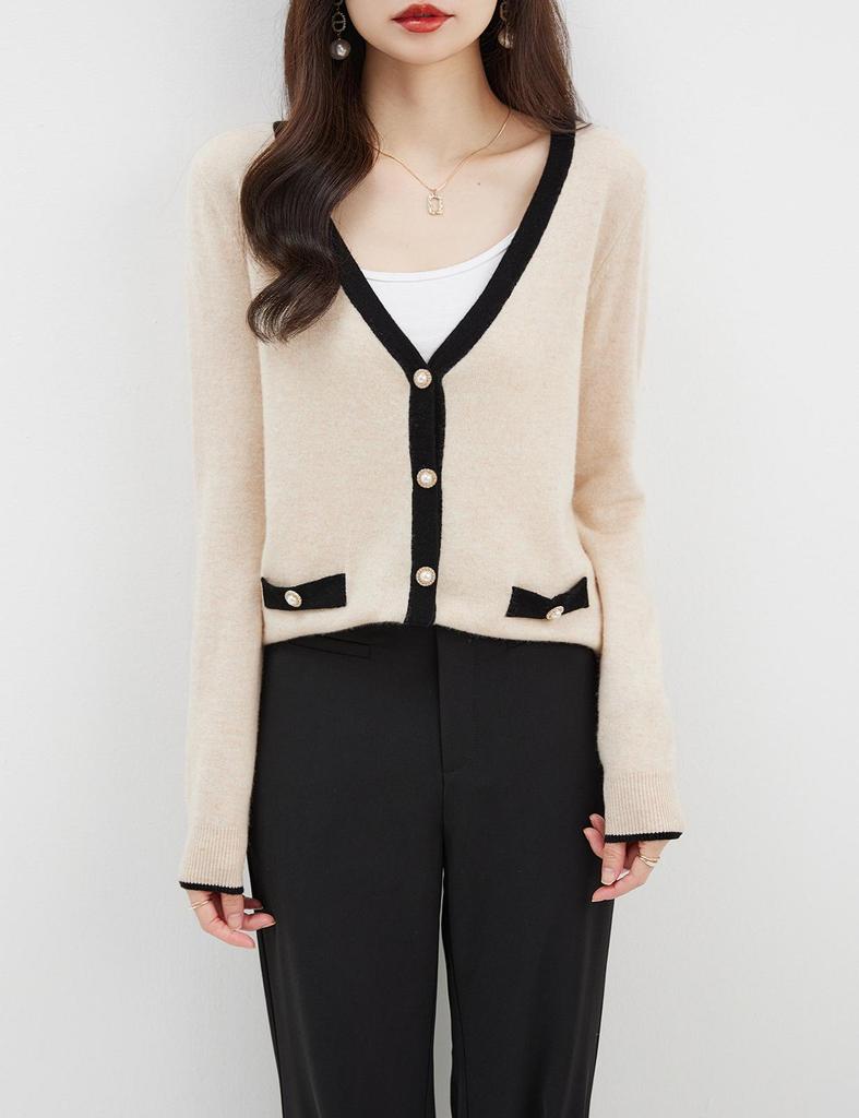 2024 Spring/Autumn Women's V-Neck Wool Cardigan - Color Block & Patchwork Design, Elegant & Versatile Knit Jacket