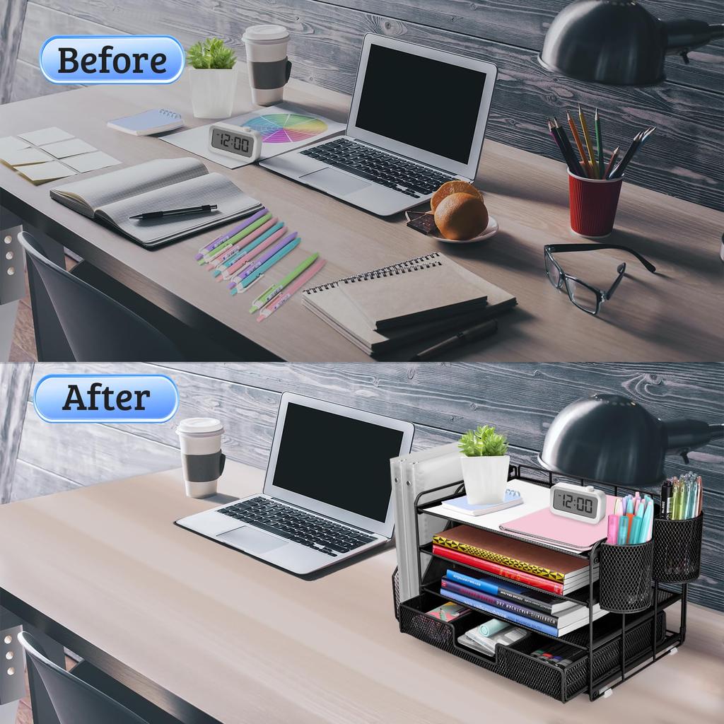 ATOMUS Desk File Organizer with 2 Pen Desk Accessories Workspace Drawer for Office Supplies 4-Tier Organizer, Holders, & Organizer, Design, (Black)