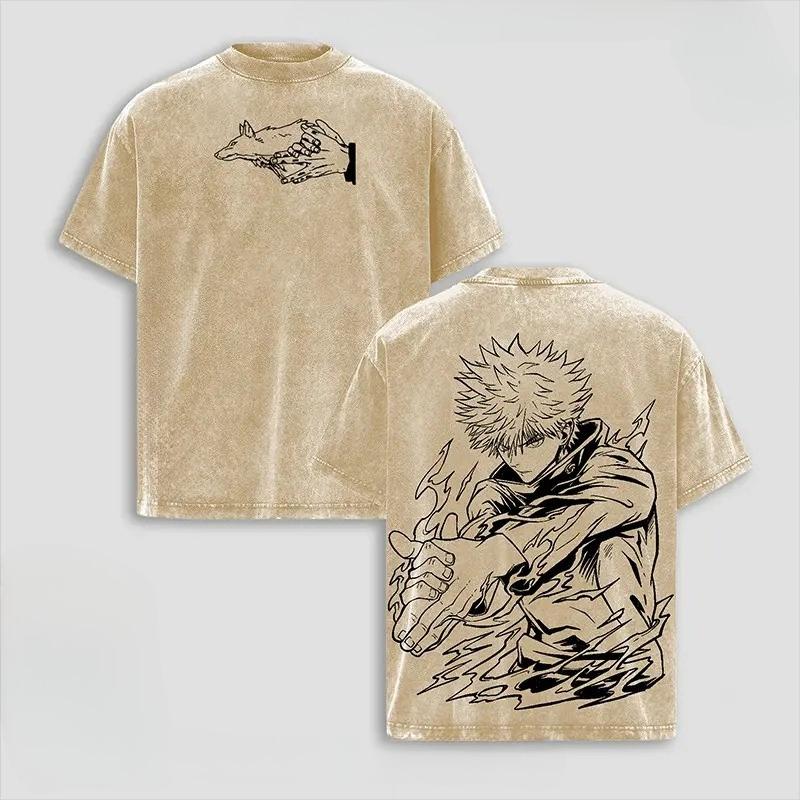 

Anime Jujutsu Kaisen Fushiguro Megumi Printed Tee Men Women Cotton Tshirts Retro Washed T-shirt Harajuku Male Oversized T Shirt S коричневый