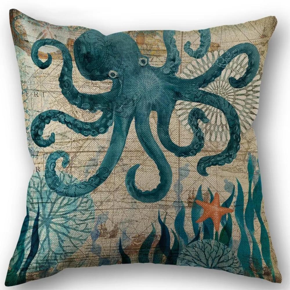 Christmas Marine Life Turtle Seahorse Party Decor Pillow Cover 45X45Cm For Beach Theme Holiday Ocean Decor