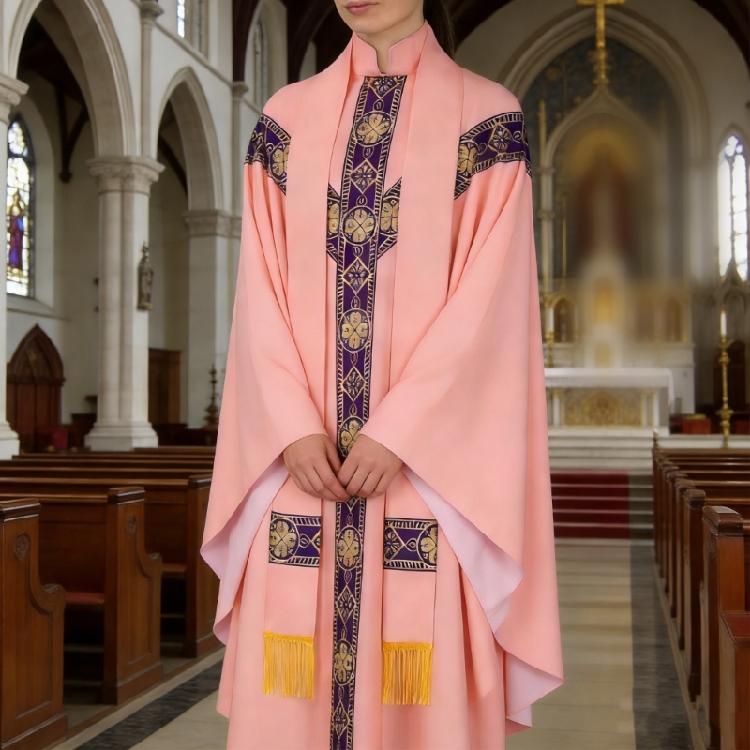 Church Pastor Celebrant Chasuble Priest Robe Gown Church Mass Vestment Robe with Stole and Crosses Necklace for Women Men