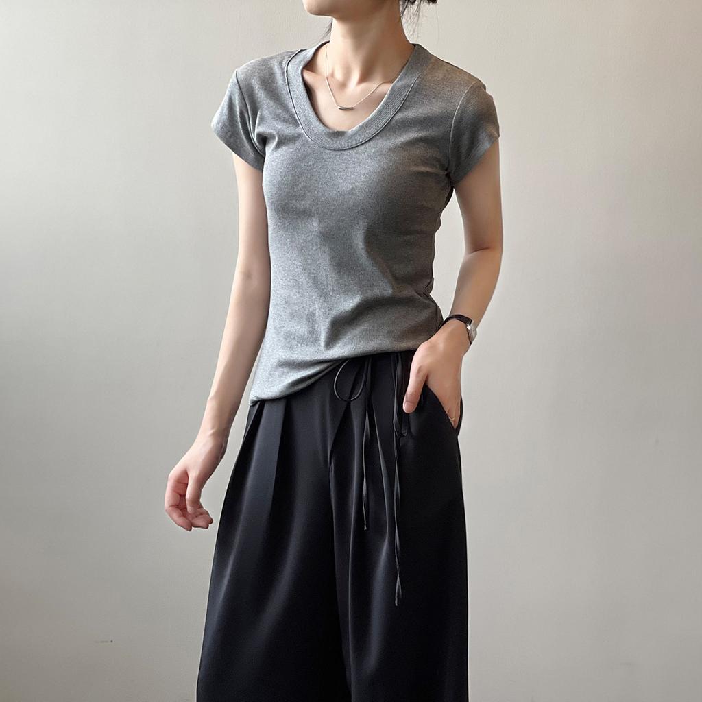 Solid Colour T-shirt Women 2024 Summer Simple U Neck Slim Stretch Body Shirt Tops