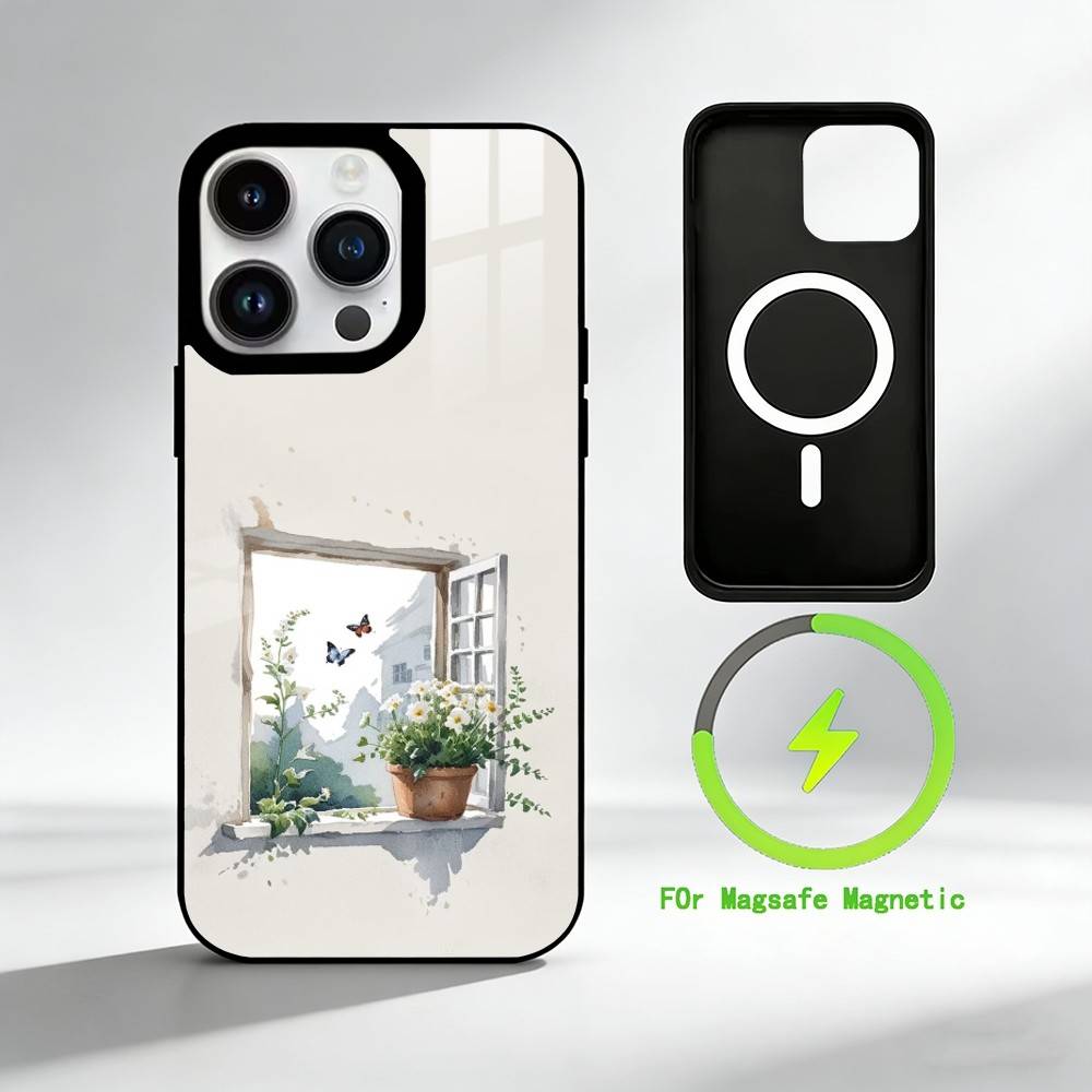 W-Watercolor flowers by the window Phone Case For iPhone 17 16 15 14 13 12 Pro Max Plus for Mirror Wireless Magnetic Cover