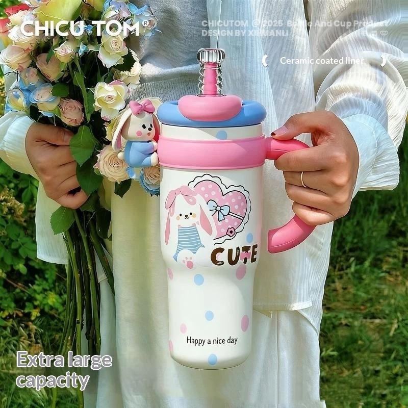 Large Capacity 1250ml Cute Cartoon Insulated Tumbler Straw Cup with Handle for Women Hiking Use