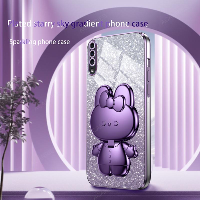 Cute 3D Rabbit Makeup Mirror Stand Plating Case For Samsung Galaxy A70 A50 A30 A20 A50s A30s A20s A7 2018 A11 Protect Back Cover