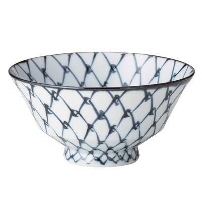 Nishikai Pottery Rice Bowl, Blue and White, LL, Hasami Ware, Suehiro Bowl, Hanging Net Pattern, 18162