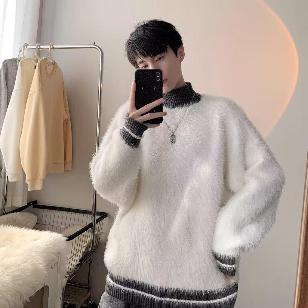 Unisex svetr v americkém stylu s patchworkem z umělého norka, vysoký límec - Ležérní, Módní, Dlouhý rukáv, pro podzim a zimu