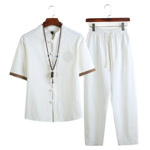 Mens Linen Sets Summer Men Streetwear Jogger Shirts+Long Pants Male Chinese Style 2 Pieces Hanfu Tracksuit Tang Suit