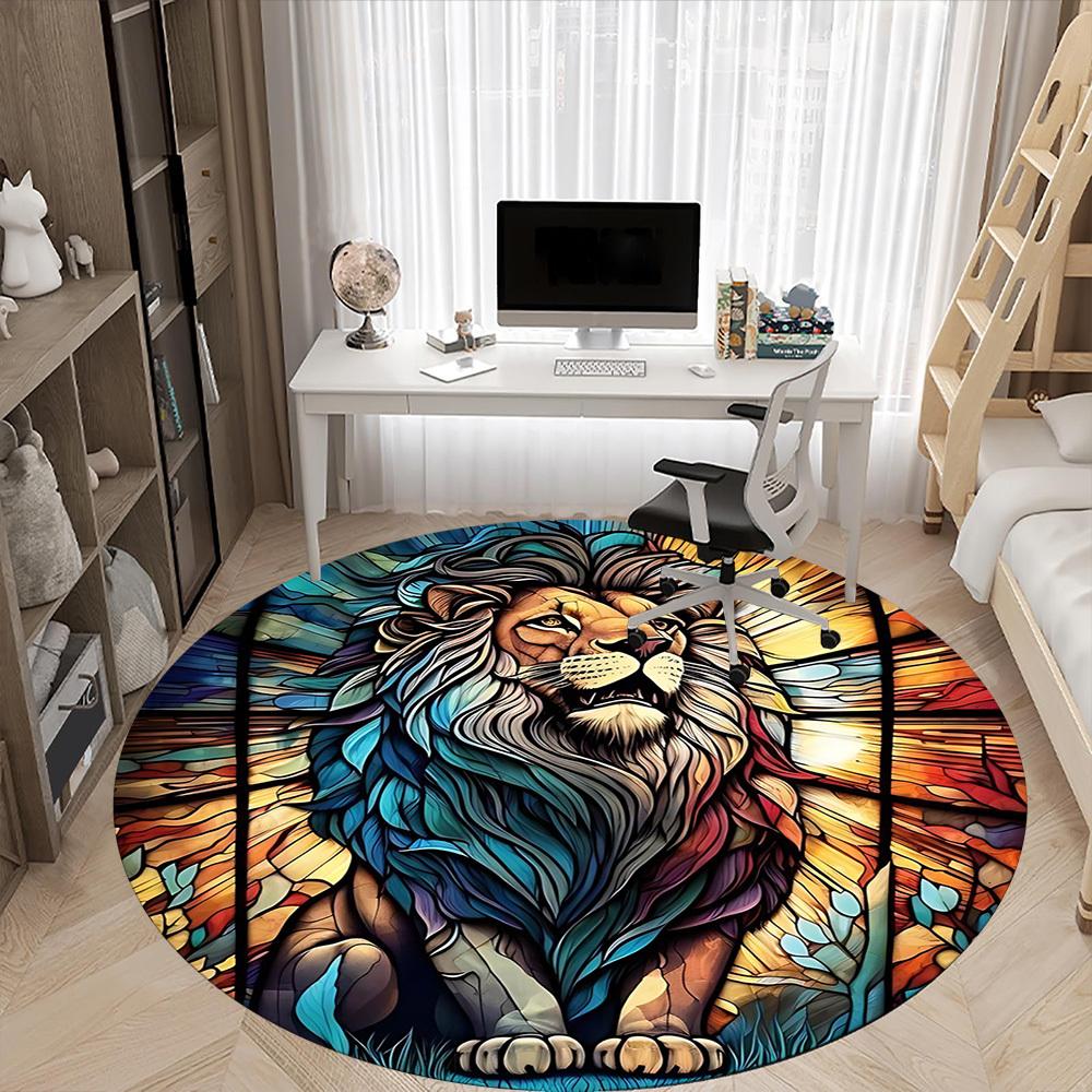 1PCStained Glass Lion Office Round Area Rug,  Mat Suitable For Office, Under Office Chairs Bedroom Living Room Home Decor, Room Deco