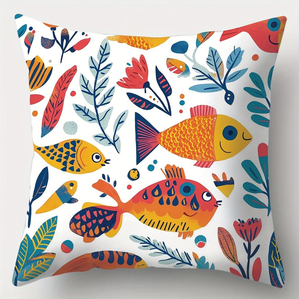 Colorful Fish Throw Pillow Covers, Tropical Double-Sided Printed Cushion Cases, Coastal Beach Decor For Bedroom Living Room