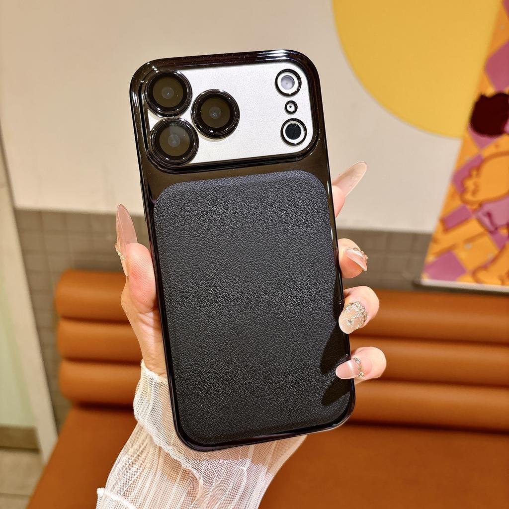  Plating Bumper Lychee PU Leather Phone Case For iPhone 17Air 16 15 Pro Max 17pro Shockproof Lens Protect Hard Cover Funda
