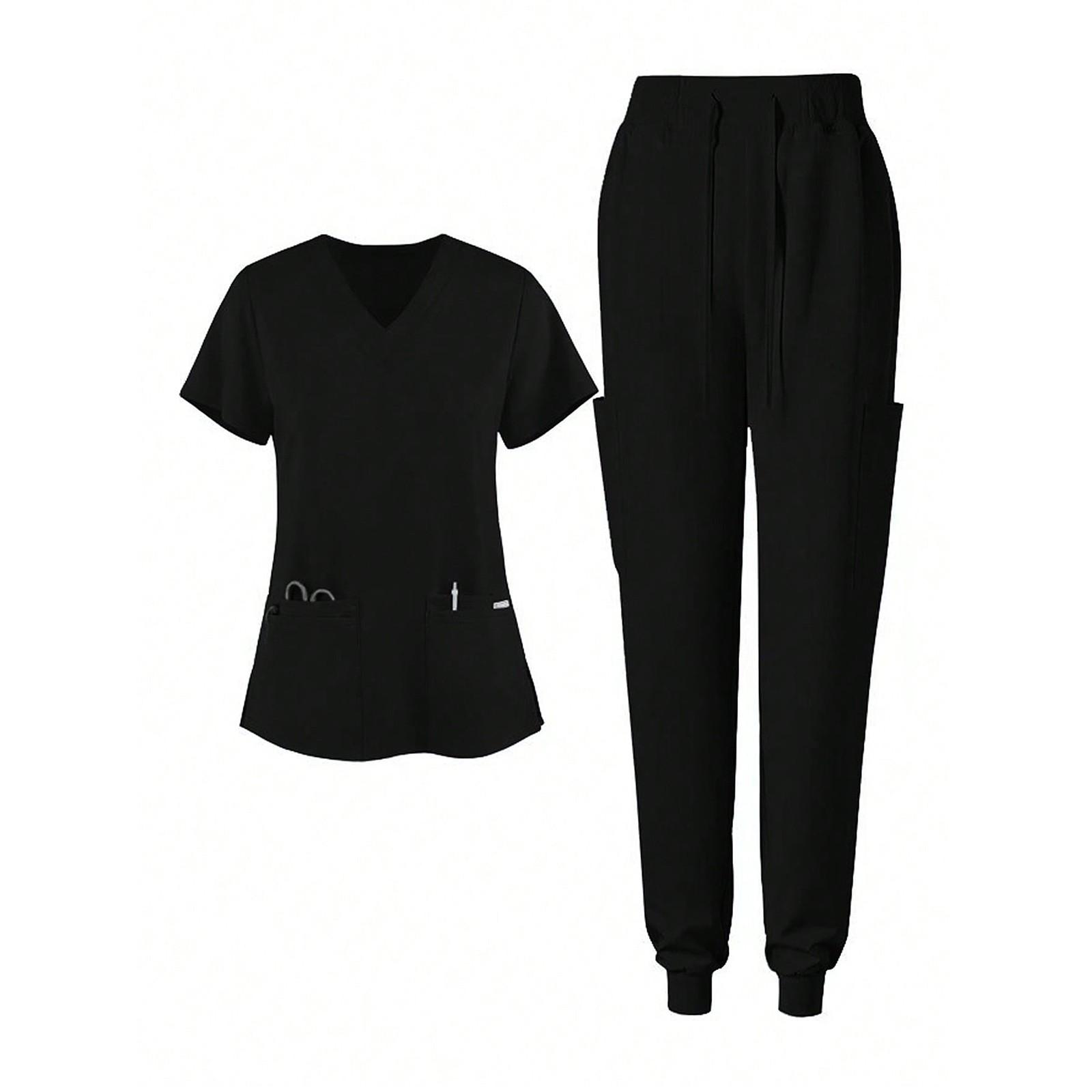 

Женский однотонный топ с короткими рукавами и V-образным вырезом, карманами, рабочая одежда, комплект из двух предметов S чёрный
