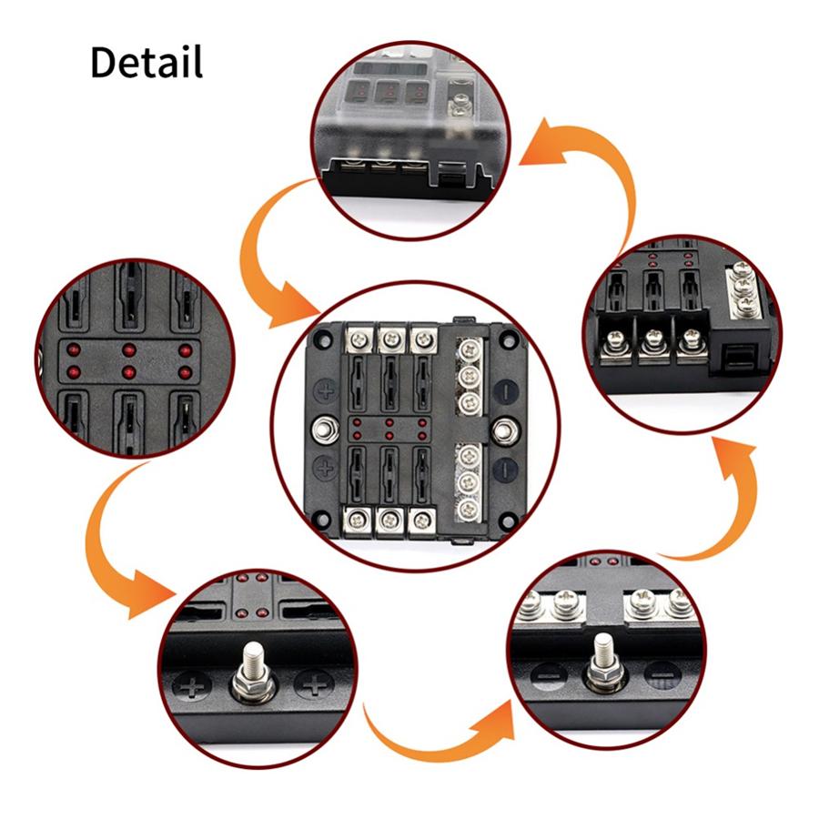 6 Way Fuse Box Block Holder LED Indicator + Sticker For Car Bus Boat Marine