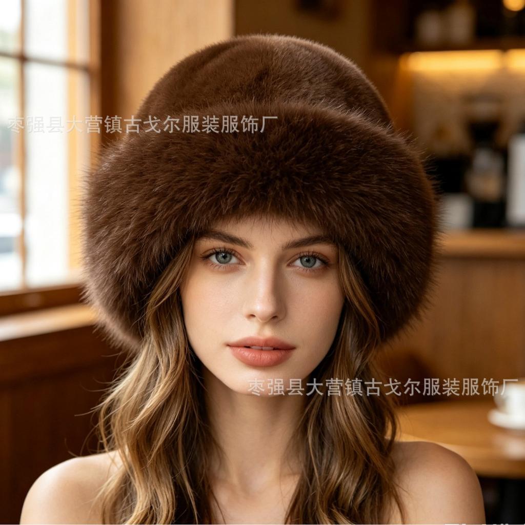Autumn and winter imitation mink hat women's winter high sense versatile plush bucket hat big head circumference warm ear protection Mongolian hat