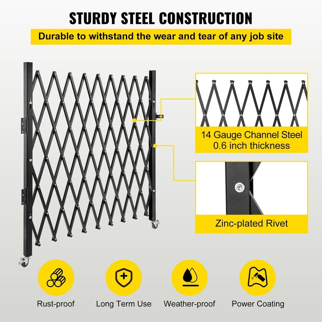 Single Folding Security Gate, 48" H X 71" W Folding Door Gate, Steel Accordion Security Gate, Flexible Expanding Security Gate, 360° Rolling Barricade