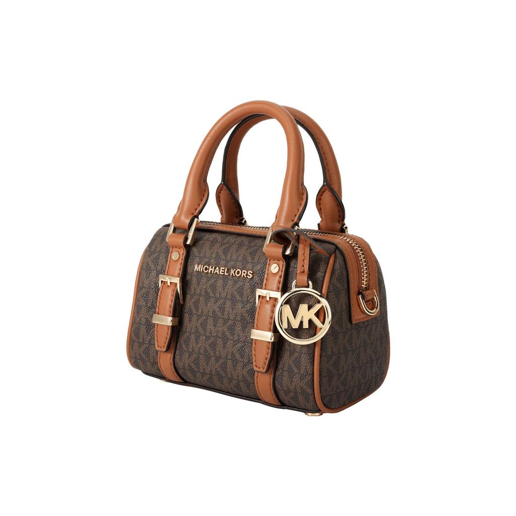 Michael Kors Złoty metalowy charms z logo Bedford Monogram Color Block Torba crossbody Torba Boston Damskie torebki Kolor dębowo-brązowy 32F9G06C0B-252