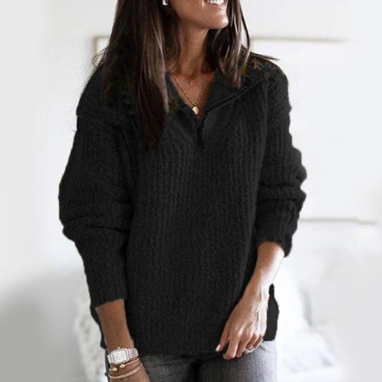 Maglione Pullover da Donna con Cerniera Revers Manica Lunga Largo in Maglia Tinta Unita