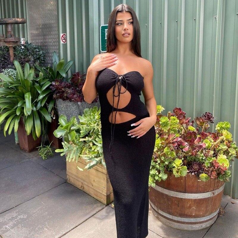 Knitted Strapless Y2k Bodycon Sexy Midi Woman Dress 2022 Summer Cut Out Backless Party Club Elegant Robe Womens Dresses 20913