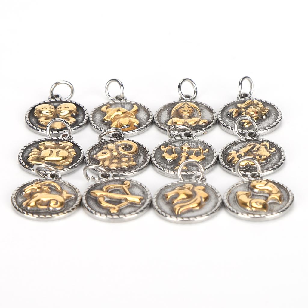 12Pcs Constellations Pendant Stainless Steel Round Shape Decoration DIY Jewelry Supplies