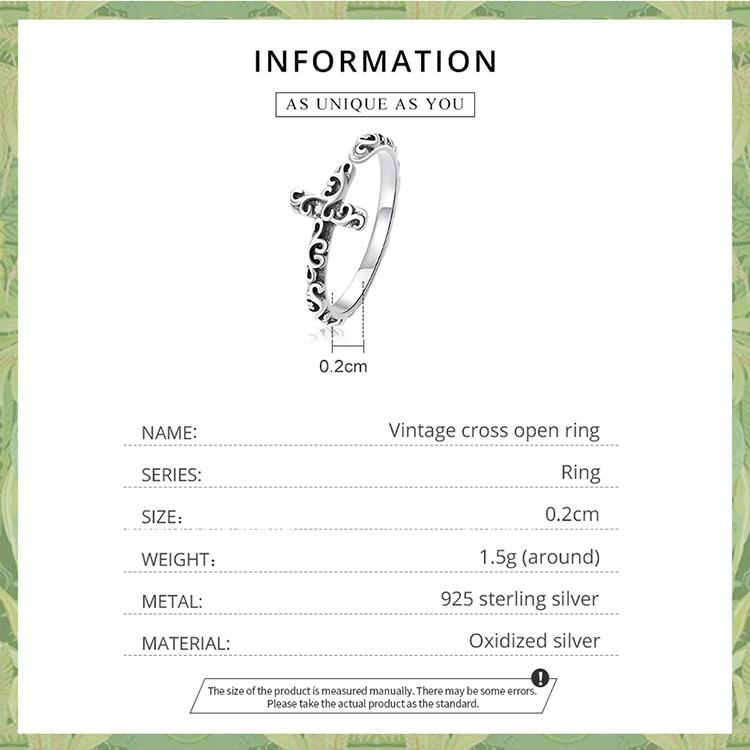 Bamoer Vintage Cross Open Ring 925 Sterling Sliver Embossed Patterns Finger Adjustable Size 5-9 Rings For Party Jewelry